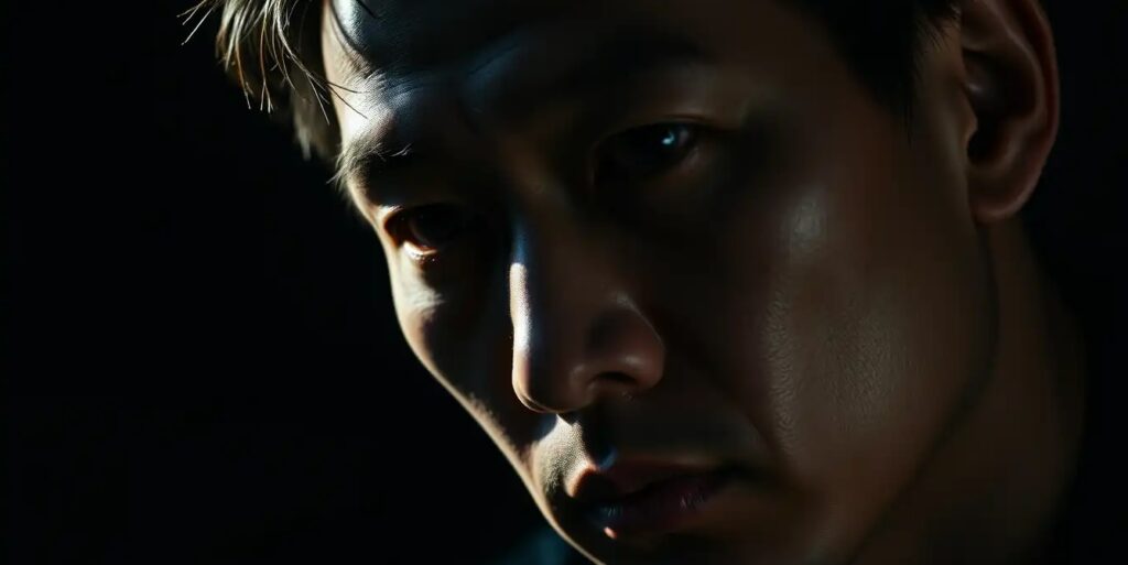 Asian man slightly turning his face to the side, one side of his face in shadow, serious and introspective expression