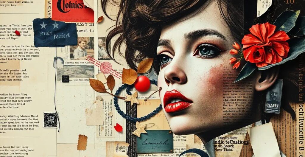 Collage artwork combining newspaper, photos, textures