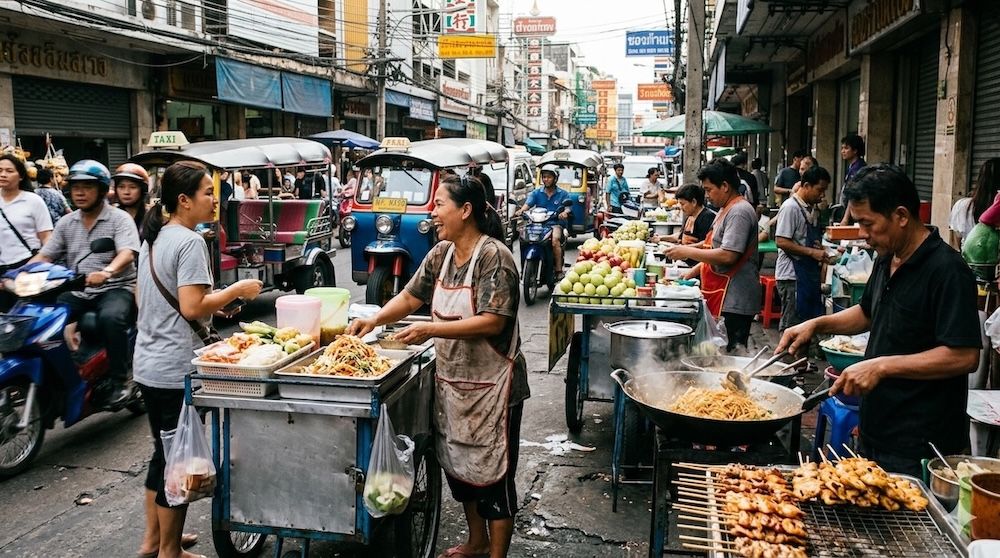 Documentary-style image of street vendors in Bangkok