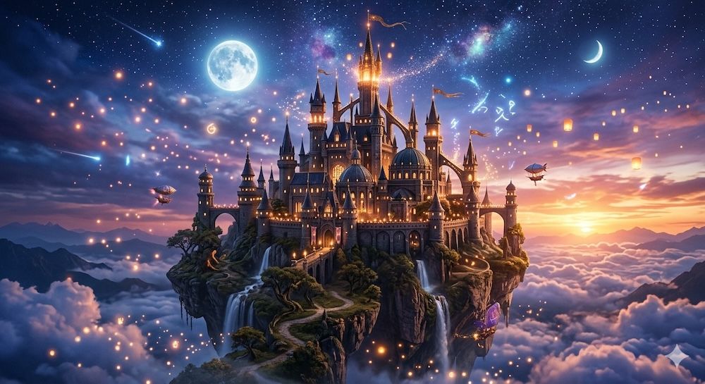 Fantasy castle floating in the sky, magical atmosphere, glowing lights