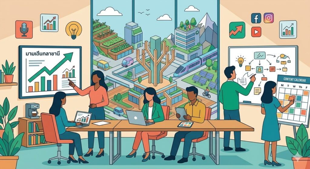 Flat design illustration of a marketing team working, simple shapes, bold colors