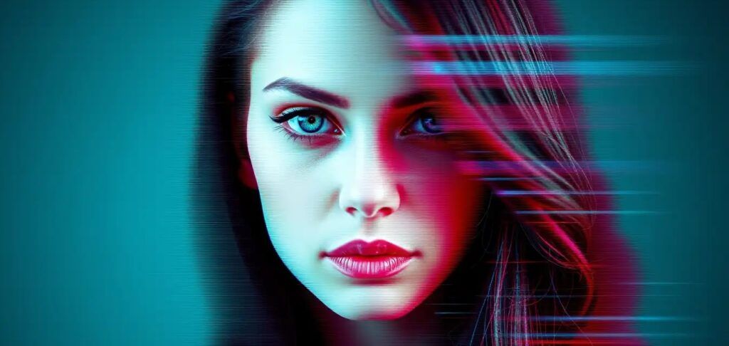 Glitch effect portrait, RGB distortion, digital noise