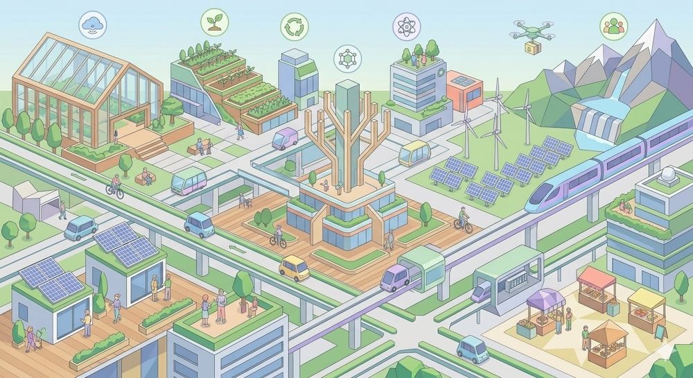 Isometric illustration of a smart city, clean design, pastel color palette