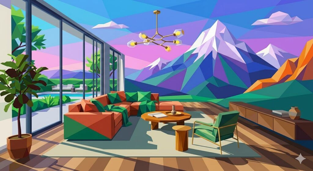 Low poly mountain landscape, minimal triangles, vibrant colors