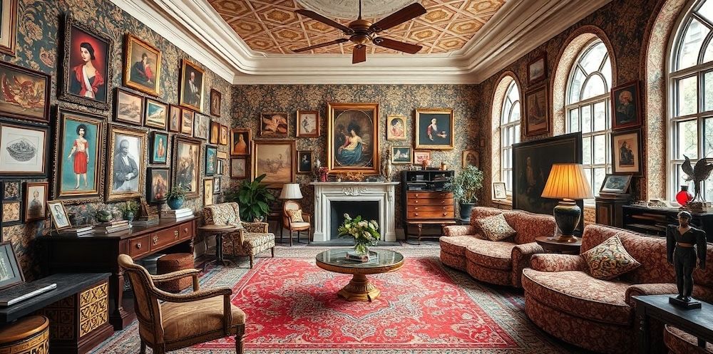Maximalist room filled with patterns, colors, textures