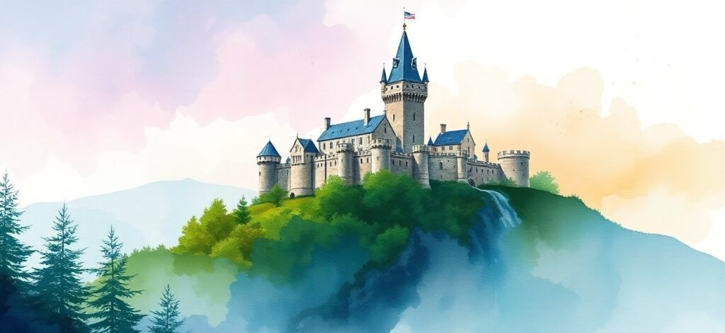 Mixed media artwork of castle combining watercolor and digital painting