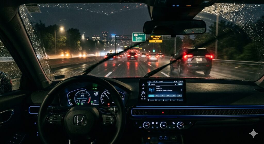 POV perspective of a car driving through a rainy highway at night, photorealistic, first-person view