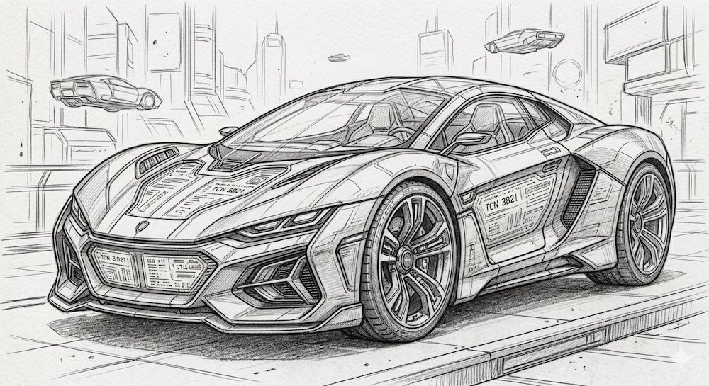 Pencil sketch of a futuristic car, detailed line work, shading