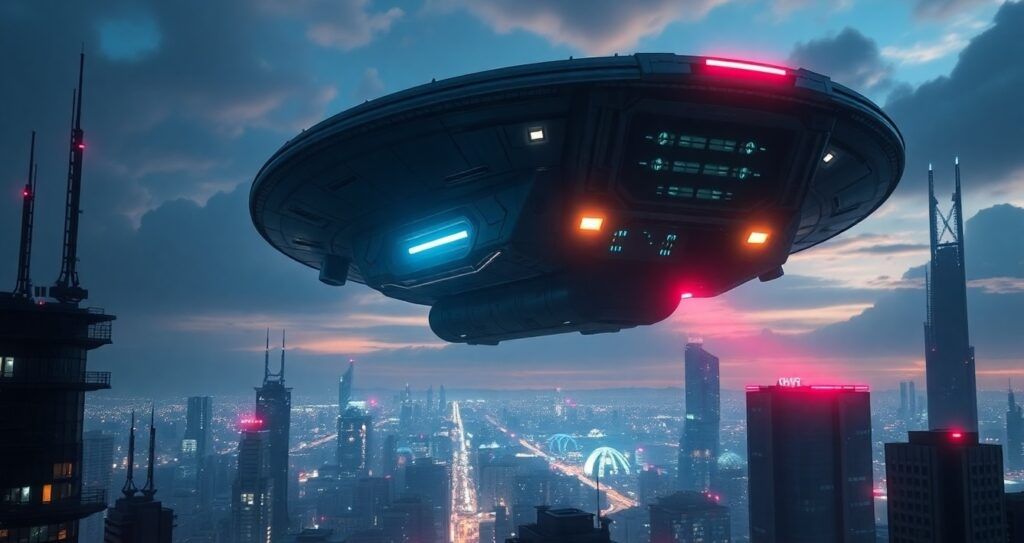 Sci-fi spaceship hovering above a futuristic city, glowing lights