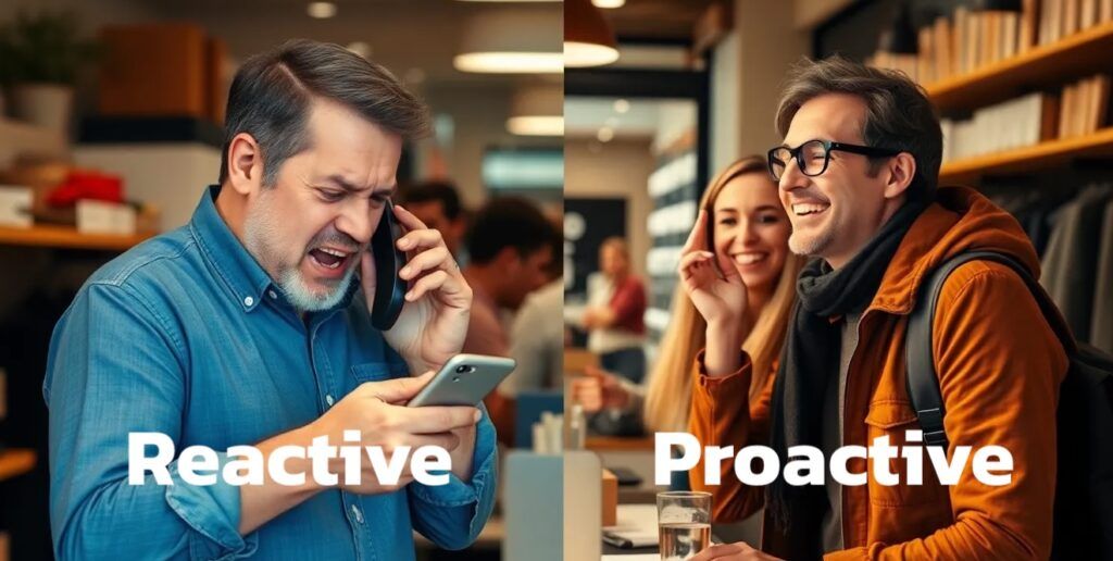 Split scene in the same picture between very angry customer on phone vs happy customer with friends at shop