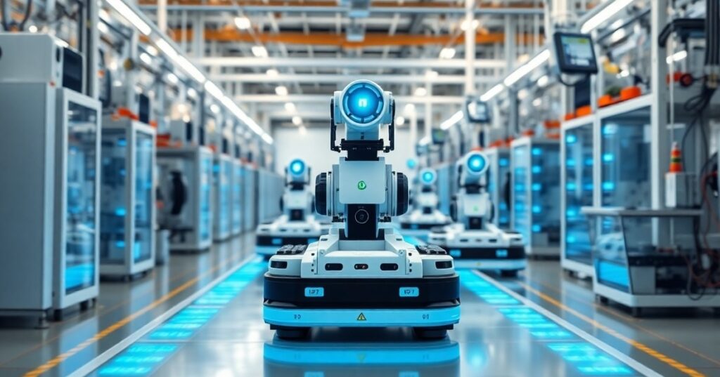 View of a highly automated, pristine smart factory floor where subtle robotic systems move smoothly guided by glowing blue light paths