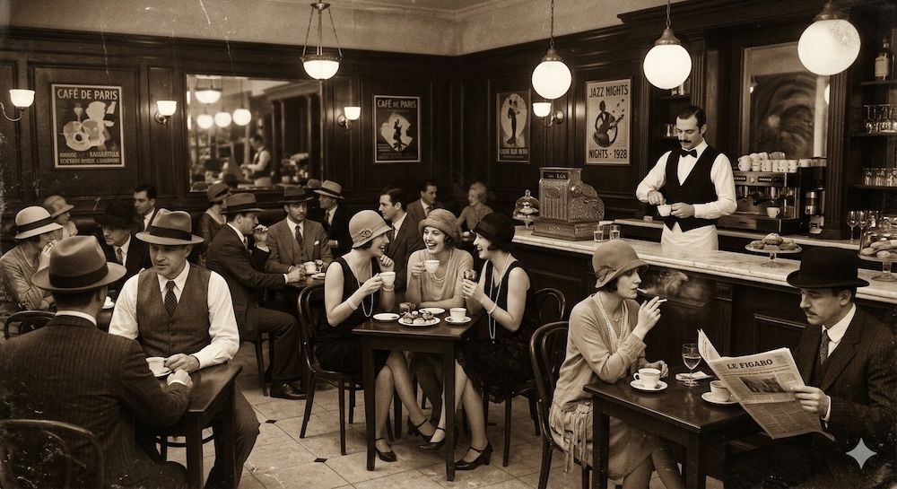 Vintage 1920s cafe scene, sepia tone, film grain