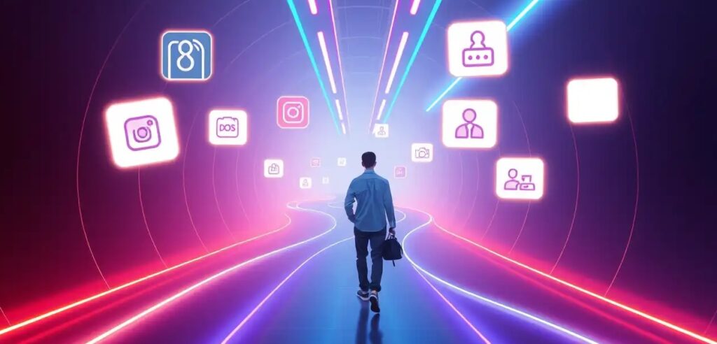 a customer walking on a pathway with floating icons