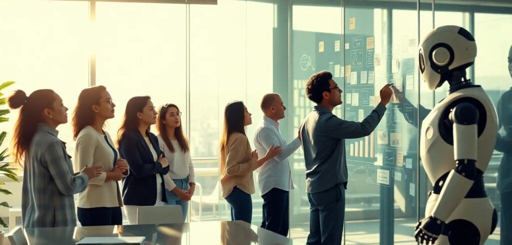 a diverse strategy team in a sunlit %22Muji-style%22 office, working alongside a friendly, sleek robot