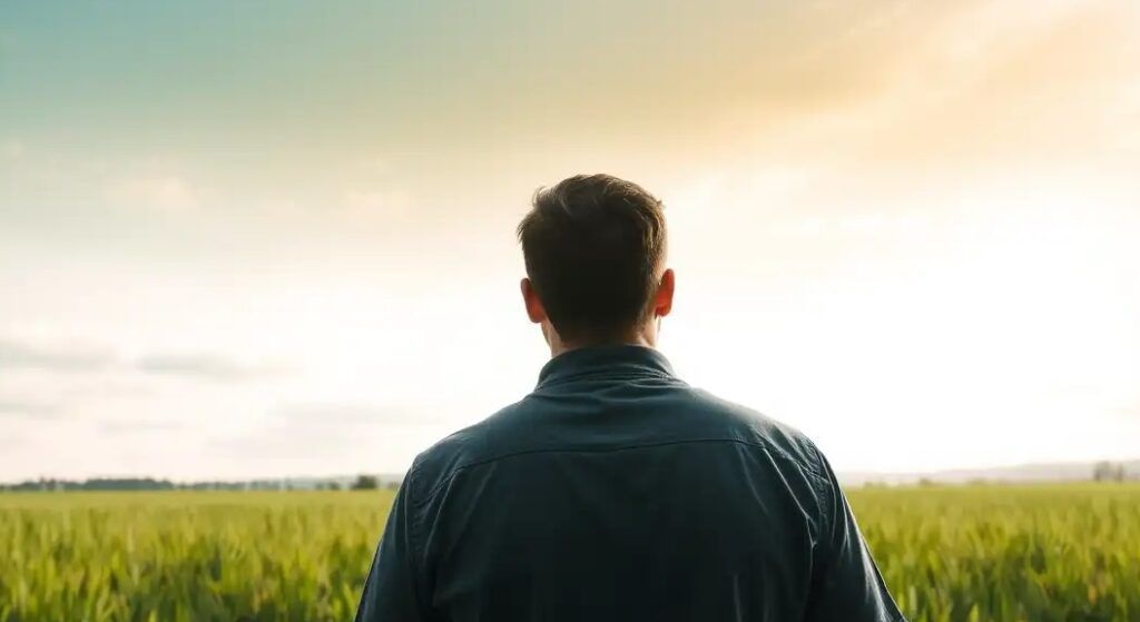a man looking out to the green wide field
