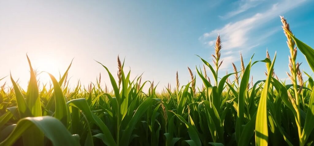 a photo of corn field from front view and see the bright sky
