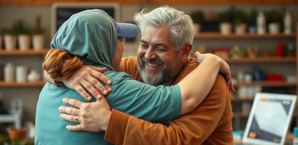 a staff give a warm hug to customer