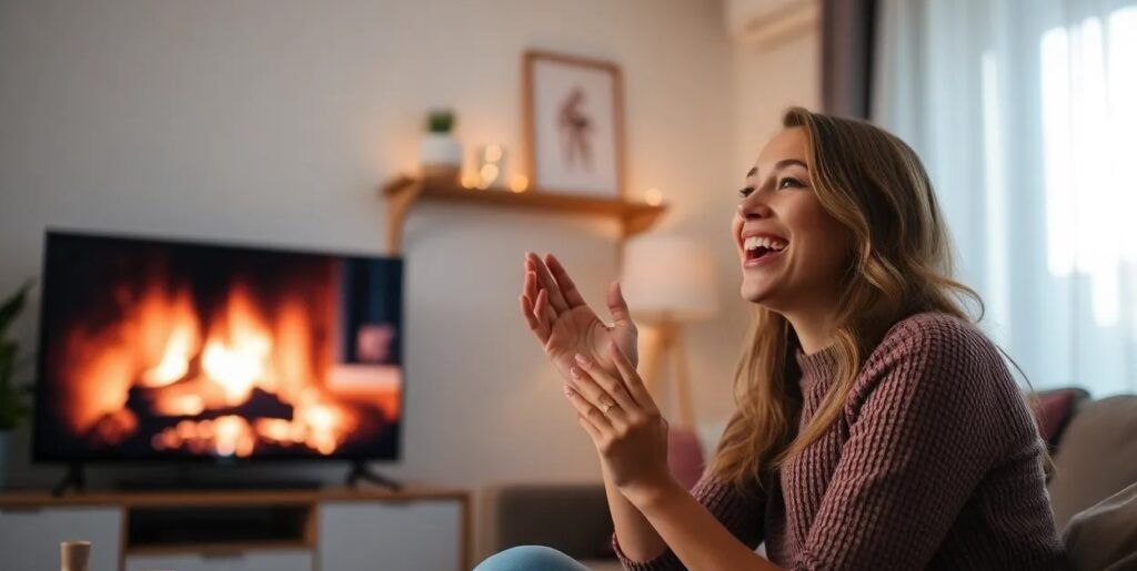 a wow moment of a woman at home watching tv