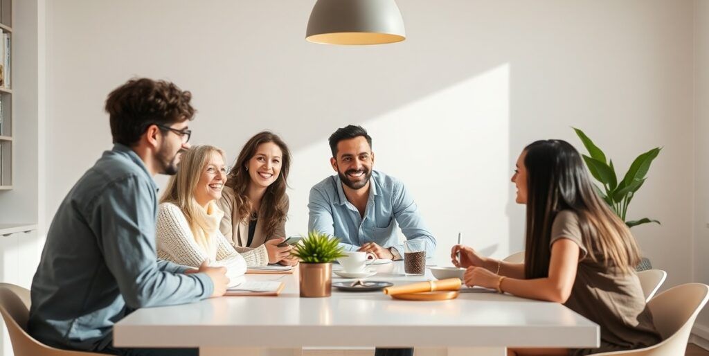 group of people happy together on white modern table
