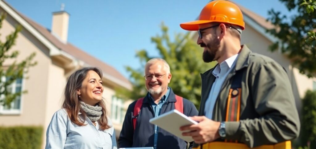 happy customer talking with logistic company in front of resident
