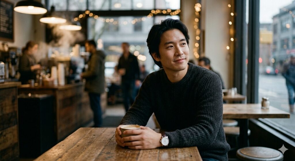 man sitting in a café, relaxed posture, photorealistic, shallow depth of field, sharp focus on subject