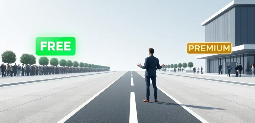 photo of a stylized business person standing at a fork in a clean, modern road