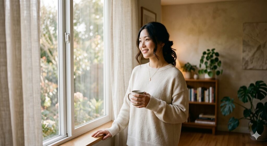 young Asian woman standing by a window, soft smile, natural pose, photorealistic, soft focus, gentle blur, diffused light, warm tones
