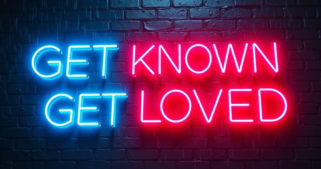 A glowing neon sign on a dark brick wall