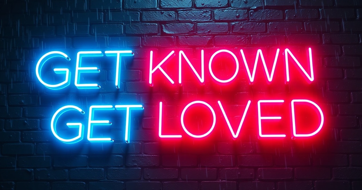 A glowing neon sign on a dark brick wall