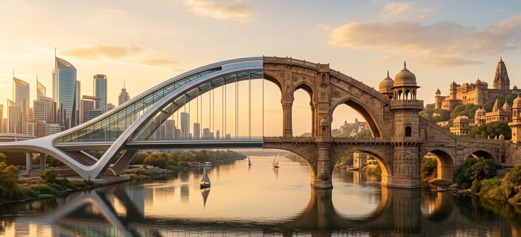 A beautiful, grand bridge where one half is constructed from hyper-modern corporate glass and other half authentic, majestic historic stone architecture