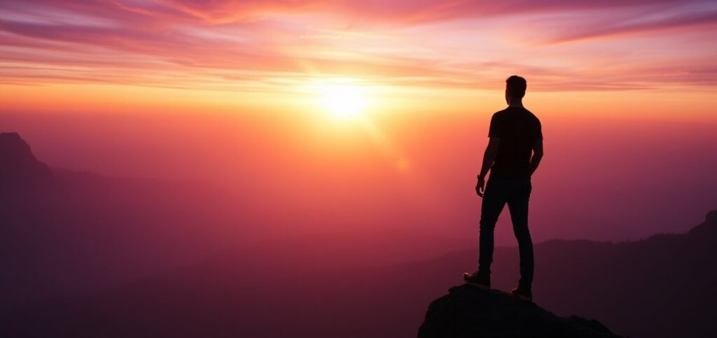 A cinematic shot of a silhouetted figure standing on a cliff