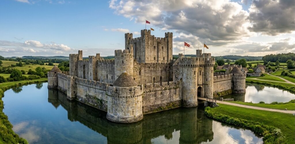 A classic, large medieval stone castle fortified with massive walls and towers A classic, large medieval stone castle fortified with massive walls and towers