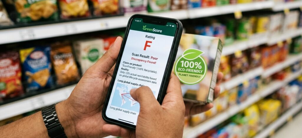 A close-up photograph of a consumer's hand holding a smartphone in a store