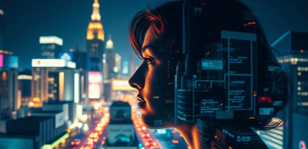 A creative double-exposure image blending a person's profile with a vibrant, bustling city scene at night