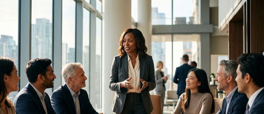 A diverse, sophisticated group of modern professionals and investors are gathered around a charismatic female CEO in a sunlit, architectural boardroom A diverse, sophisticated group of modern professionals and investors are gathered around a charismatic female CEO in a sunlit, architectural boardroom