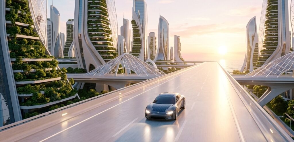 A futuristic, ultra-modern city skyline at dawn, seamlessly integrated with massive vertical gardens and clean solar-grid structures