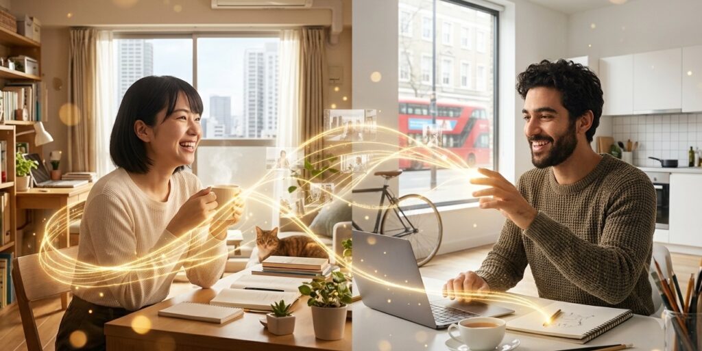 A glowing, golden holographic thread weaving together different global living spaces from a cozy Tokyo apartment to a bright London studio
