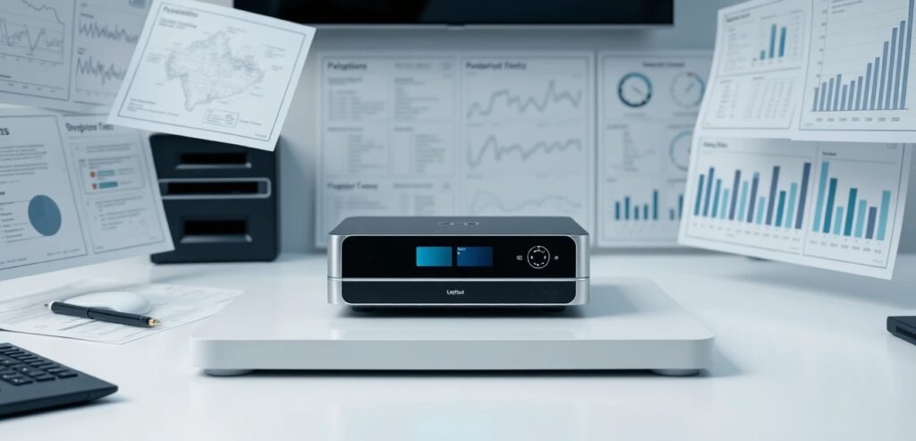 A high-end product photography shot of a sleek, modern device on a clean white desk