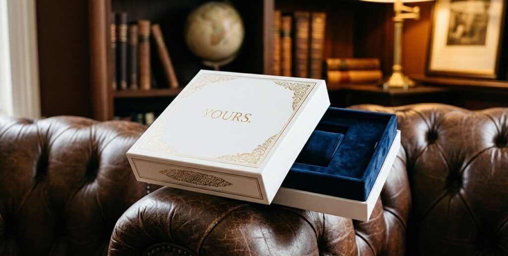 A luxurious, custom-designed white and gold box, partially opened to reveal an unbranded