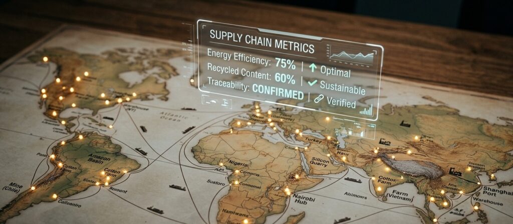A macro photograph of a complex supply chain map laid out on a large wooden table
