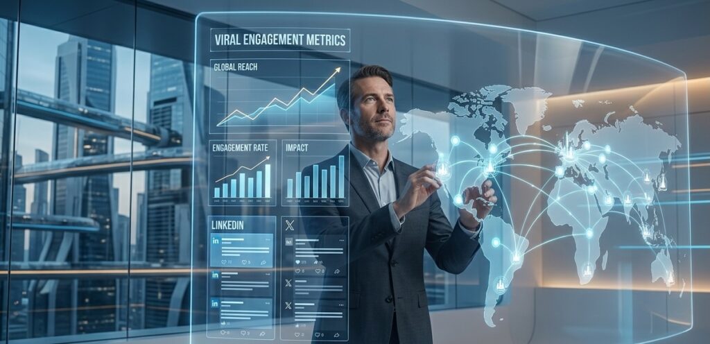A male executive stands in a minimalist studio, looking at a sleek, transparent holographic screen showing viral engagement metrics A male executive stands in a minimalist studio, looking at a sleek, transparent holographic screen showing viral engagement metrics