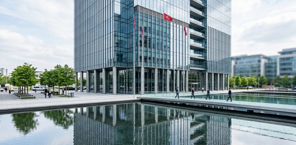 A modern glass and steel skyscraper corporate headquarters building A modern glass and steel skyscraper corporate headquarters building