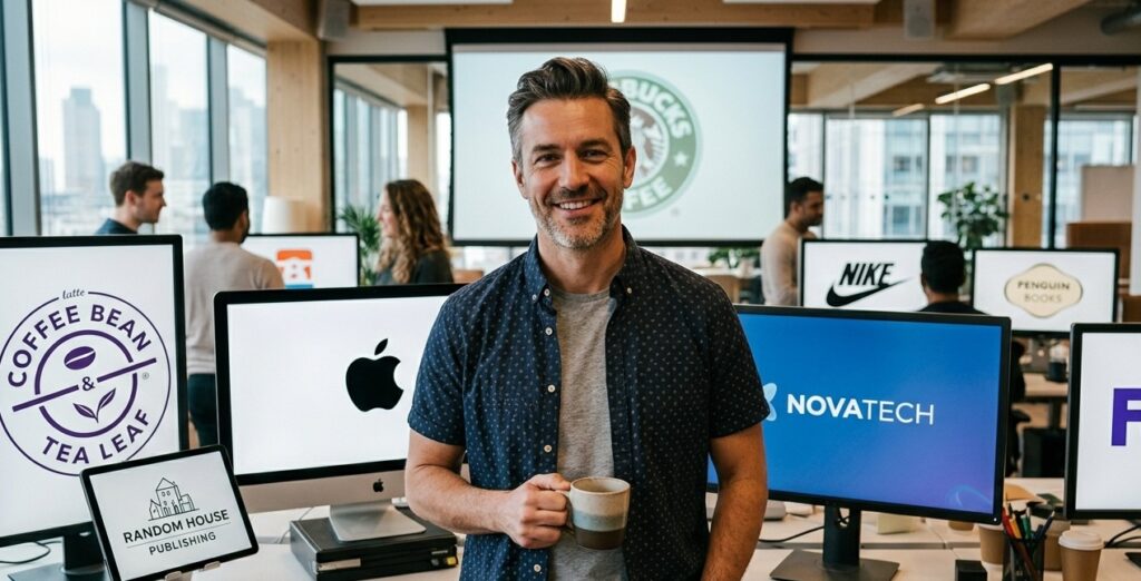A portrait of a man in a dynamic, creative office, wearing a casual shirt, surrounded by different screens displaying completely unrelated brand logos A portrait of a man in a dynamic, creative office, wearing a casual shirt, surrounded by different screens displaying completely unrelated brand logos