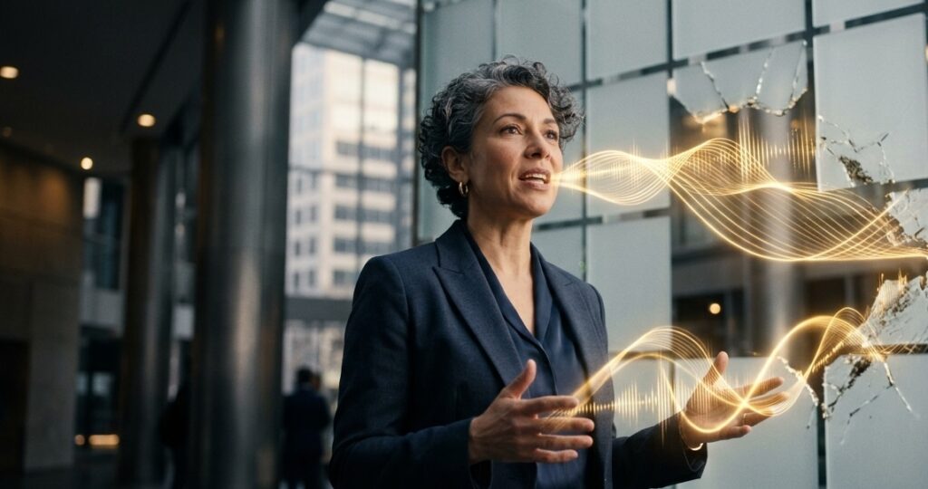 A professional cinematic medium shot of a modern, confident corporate leader speaking A professional cinematic medium shot of a modern, confident corporate leader speaking