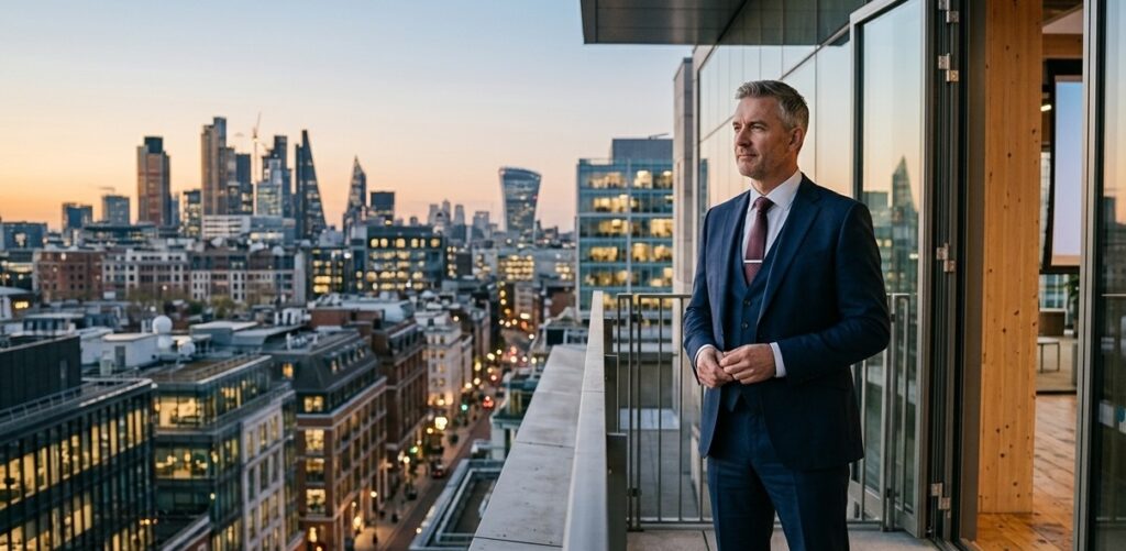 A professional photograph capturing a middle-aged male CEO in a tailored dark suit standing A professional photograph capturing a middle-aged male CEO in a tailored dark suit standing
