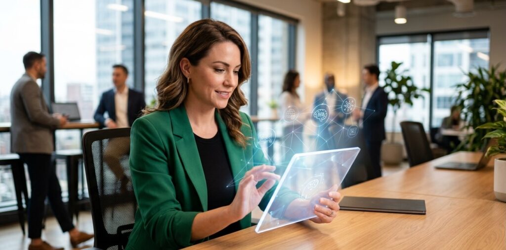 A professional, well-lit photograph of a female digital strategist sitting at a sleek, wooden desk in a modern co-working space A professional, well-lit photograph of a female digital strategist sitting at a sleek, wooden desk in a modern co-working space
