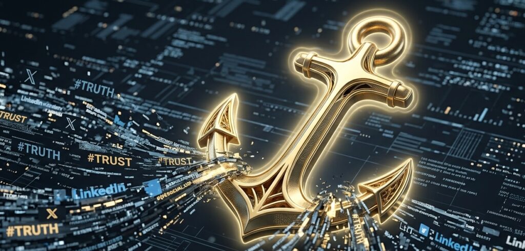 A sleek, modern, glowing golden anchor rests firmly at the center of a chaotic, fast-moving digital sea of data A sleek, modern, glowing golden anchor rests firmly at the center of a chaotic, fast-moving digital sea of data