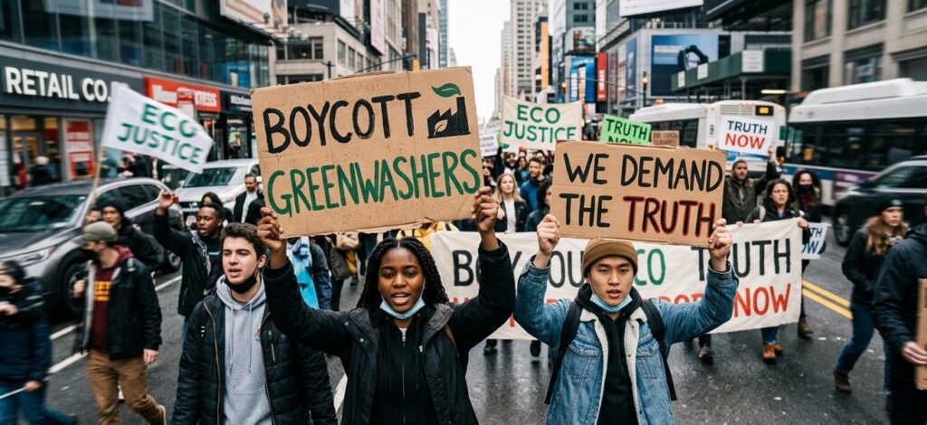 A small group of diverse young adults is holding up hand-painted, slightly weathered signs that read %22Boycott Greenwashers%22 and %22We Demand the Truth.%22