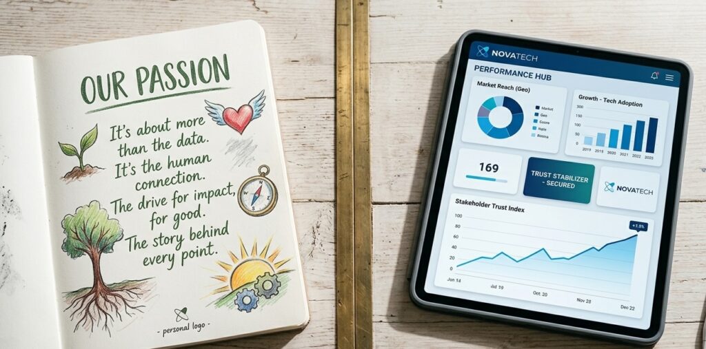 A split-panel conceptual image, the left side shows a personal blog post with hand-drawn elements about passion, while the right side features a clean, analytical company dashboard on a tablet A split-panel conceptual image, the left side shows a personal blog post with hand-drawn elements about passion, while the right side features a clean, analytical company dashboard on a tablet