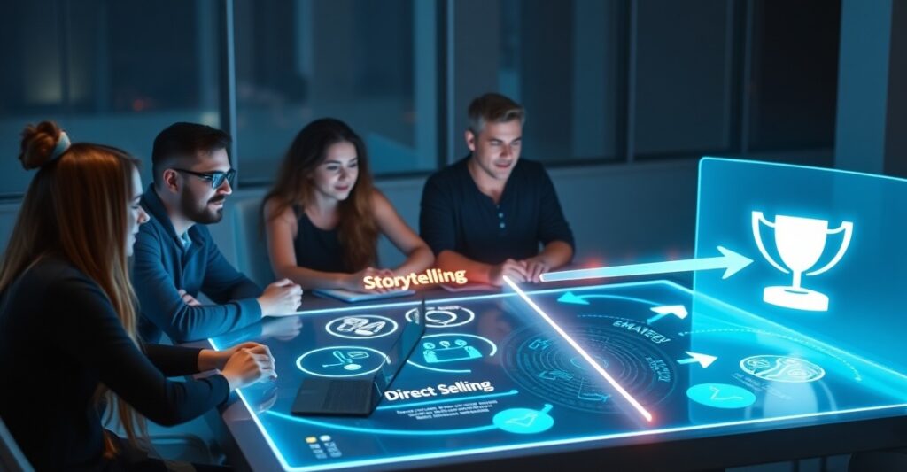 A team of digital marketers collaborating around a futuristic holographic table A team of digital marketers collaborating around a futuristic holographic table